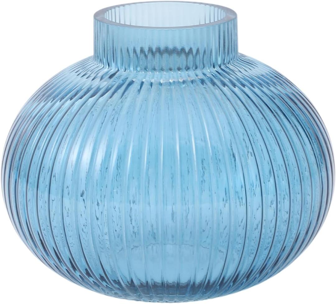Blue Glass Vase for Tulips, Ribbed Glass Vase for Flowers, Round Flower Vases, Small Short Vases for Living Room, Office, Coffee Table, Shelf, Wedding, 6 Inches