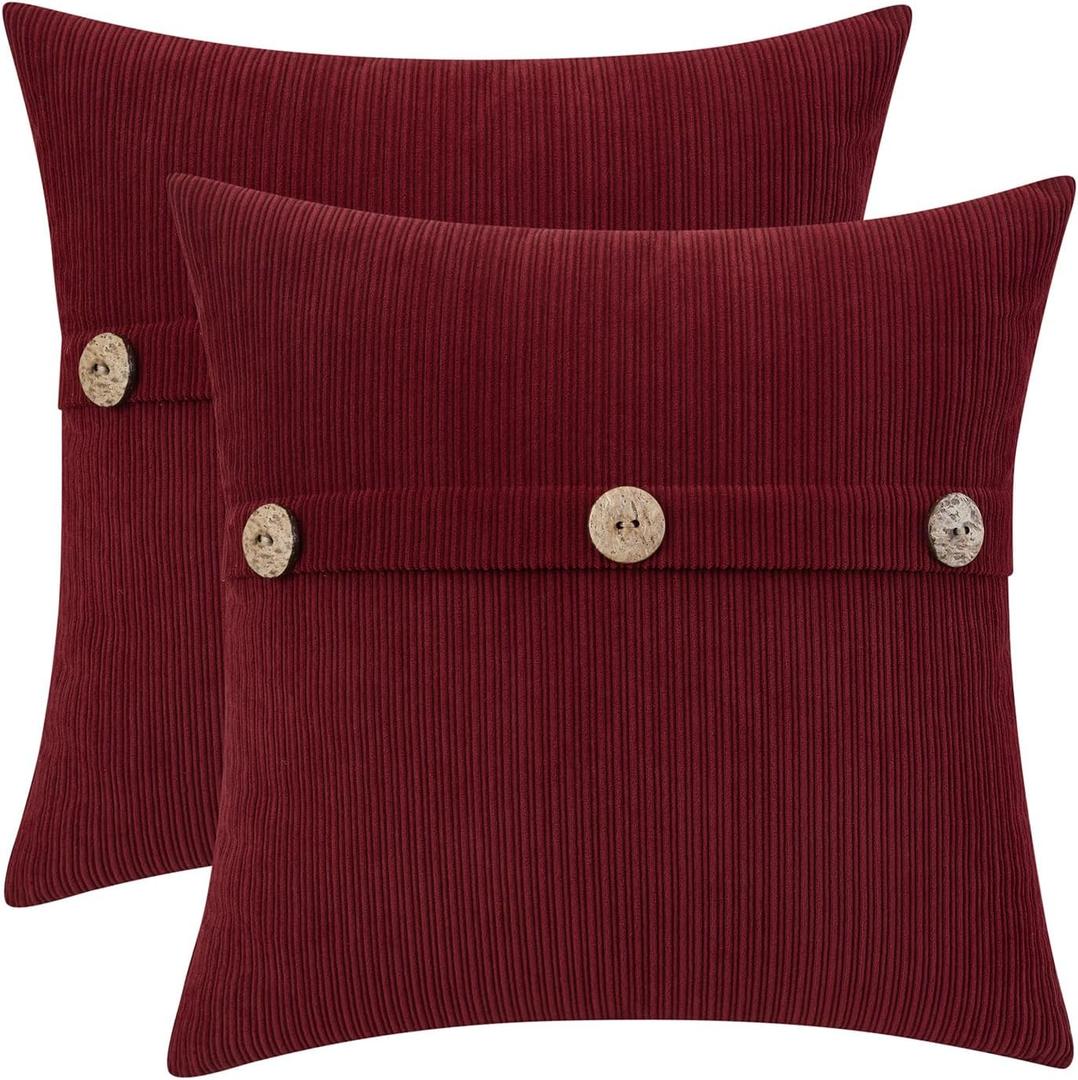 HWY 50 Burgundy Red Chenille Throw Pillow Covers 18x18 Inch with Triple Buttons, Soft Farmhouse Accent Decorative Cushion Cases for Couch Sofa Bed Living Room Pack of 2