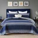 Y-PLWOMEN Quilt King Size - 100% Cotton King Size Bedspread, Navy Blue Striped Quilt for King Bed, Lightweight Reversible All Season, 3-Piece