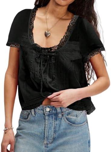 Naileksi Women Boho Button Down Lace Trim Crop Tee Top Short Sleeve Scoop Neck Ruffle Semi Sheer Flowy Tie Front T Shirt. Small