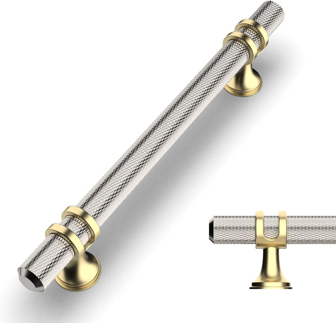 Amerdeco 10 Pack Knurled Brushed Satin Nickel Cabinet Pulls 5 Inch Hole Center Kitchen Cabinet Handles for Drawer Dresser, Cupboard and Wardrobe ZH0025