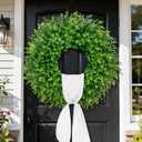 28'' Large Boxwood Wreaths Front Door Artificial Green Spring Wreath with Sash Wreaths for Front Door Farmhouse Greenery Year Round Outdoor Indoor for Summer Wreath St Patricks Day Decoration