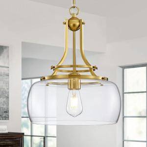 WUZUPS Chandelier Rustic Farmhouse Industrial Round Ceiling Pendant LED Light Fixture with Clear Glass Shades for Dining Room Kitchen Island Foyer Entryway, H 17" x W 13.4", E26 Base, Brushed Gold