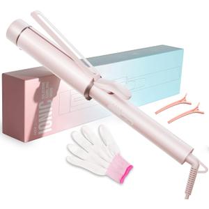 1.5 Inch Extra Large Curling Wand for Long Hair - Ceramic Tourmaline Barrel with 40000000 Negative Ions, Defined Curls and Easy to Use with Temperature Control for All Hair Types (Pink)