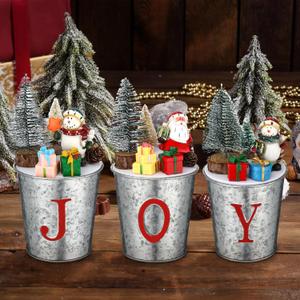 3 Pcs Christmas Joy Table Decorations Vintage Tin Buckets Small Xmas Tree Indoor Mini Artificial Trees Plants with Santa Snowman Desk Decor for Tabletop Centerpiece Office, 7.08 x 3.93 Inch