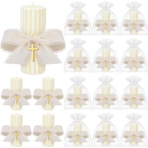 Conelist 12 Set Baptism Candle Cirios Pascual Catolico Catholic First Communion Candles with Bows and Crosses Church Prayer Gifts for First Communion Baby Christening Party Favor, 4.53 x 1.57 Inch