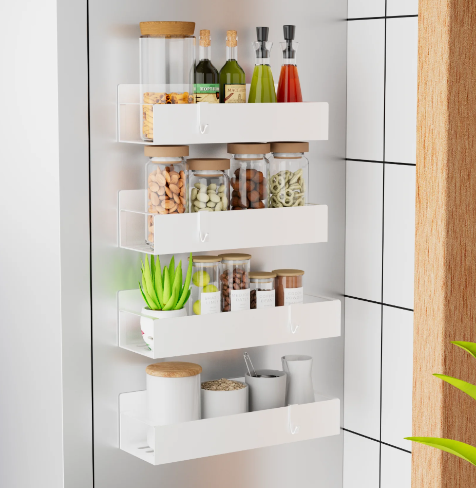 Metal 4 Pack Magnetic Spice Storage Rack Organizer for Refrigerator and Oven, White Fridge Organizers and Storage