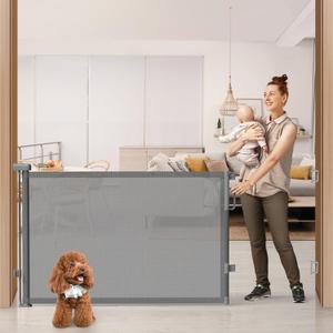 76" Retractable Baby Gates Extra Wide, Mesh Long Dog Gate for Wide Openings, Indoor Outdoor Stair Gate for Doorways Hallways Deck Porch, Child Pet Safety Essentials for Home, Grey (Gray)