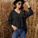 Cuffbow Women Blouses Dressy Casual V Neck 3/4 Length Sleeve Tops Business Work Blouses Office Tunic Shirt with Smocked Cuffs(Black,Medium) (Black, M)
