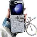 for Samsung Galaxy Z Flip 6 Sparkle Woman Strap Case with Ring Stand, Girls Wristband Case for Galaxy Z Flip 6 Glitter Hinge Protector, Crystal Bow Lanyard Cover for Samsung, White