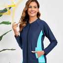 Halcurt Women's Full Zip Long Sleeve Rash Guard Swim Top with Pockets UPF50+ Quick Dry Swimsuit (M)