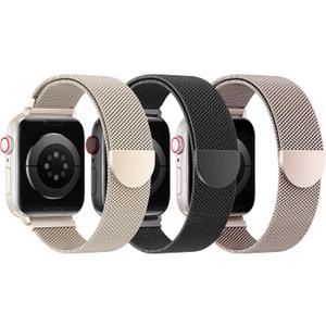 BELONGME 3 Pack Mesh Loop Compatible with Apple Watch Bands for Women Men 40mm 41mm 38mm 42mm 44mm 45mm 49mm 46mm Series 11 10 9 8 7 6 5 4 Ultra3 SE3 2, Stainless Steel Metal Magnetic Strap for iWatch