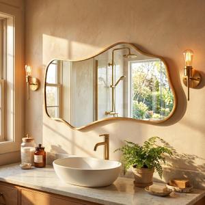 Dorlicecass Irregular Wall Mirror-Leaning Hanging 47.2"x21.6" Gold Asymmetrical Wavy Aluminum Frame Decorative Full Body Mirror for Living Room,Bedroom,Cloakroom,Entryway