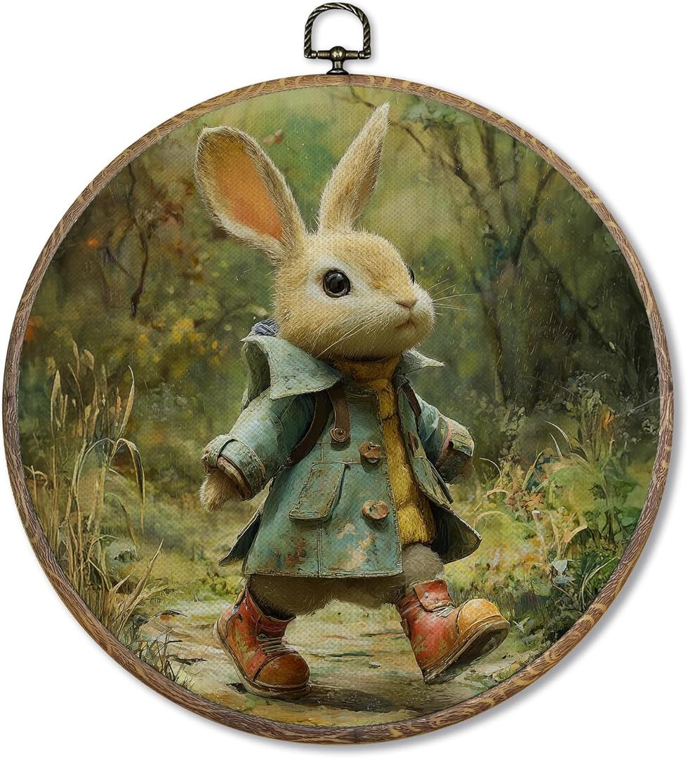 FUGWN Vintage Easter Bunny Round Wall Art Decor Framed, Rustic Farmhouse Bunny Canvas Artwork Prints, Cottagecore Landscape Rabbit Wall Hanging Decorations for Home Bedroom Living Room, 10x10 Inch