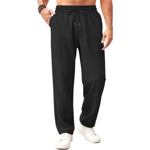 Mens Casual Pants Elastic Drawstring Waist Pants Lightweight Loose Straight Leg Long Beach Sweatpants (Black, XL)