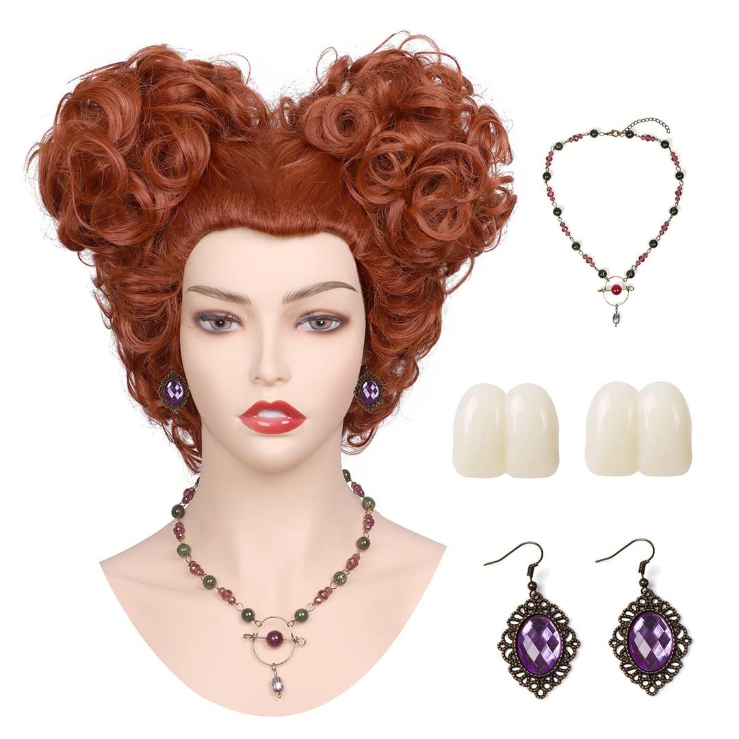 FantaLook Short Heart Styled Reddish Brown Heat Resistant Wig with Teeth Necklace Earrings for Halloween Party