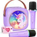 Karaoke Machine for Kids with 2 Wireless Microphones,Girls Speaker with Unicorn Colorful LED Lights,Birthday Gift for 3-12 Years Old,Portable Toys for Home Party (Purple)