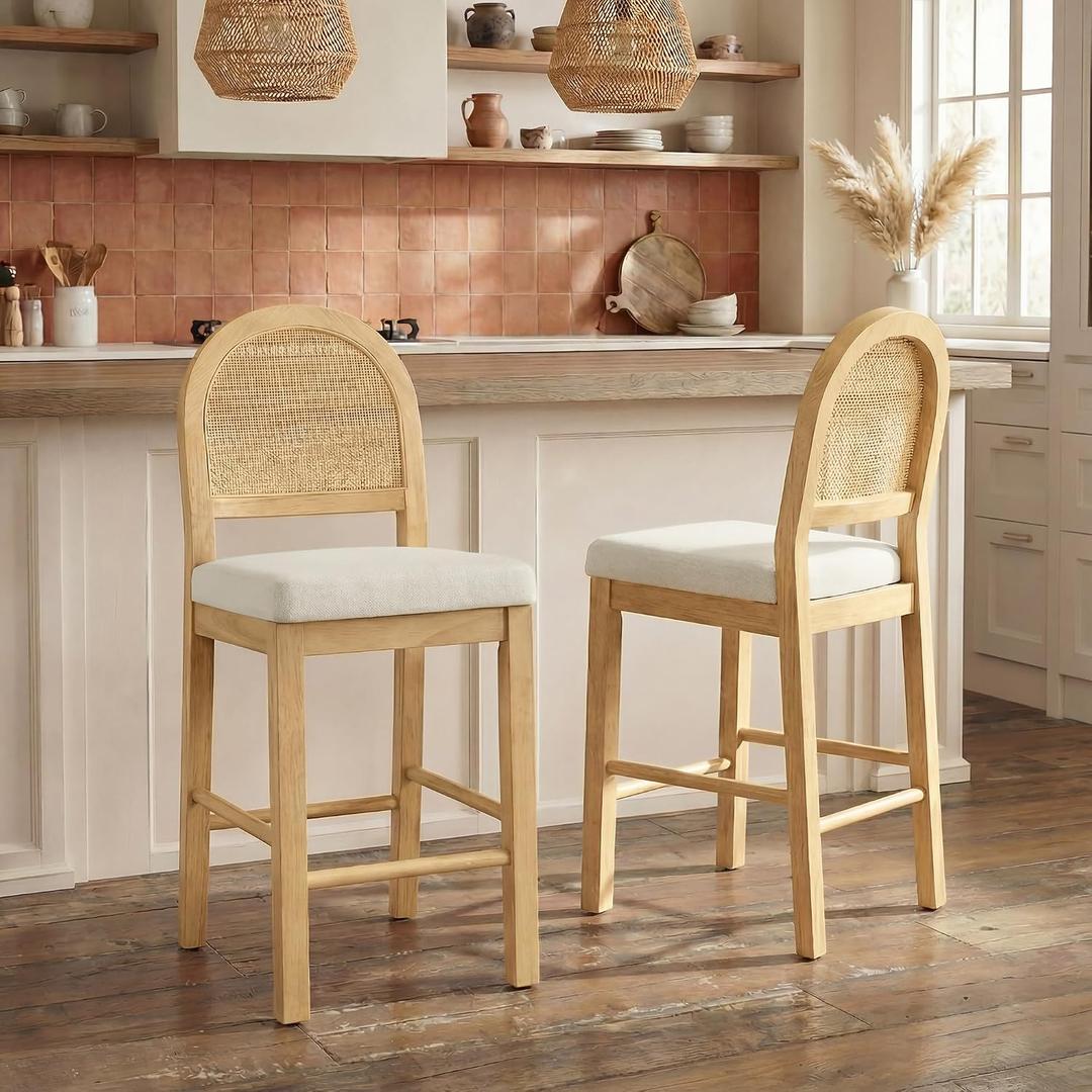 Upholstered Rattan Bar Stools, 26'' Counter Height, Set of 2, Natural