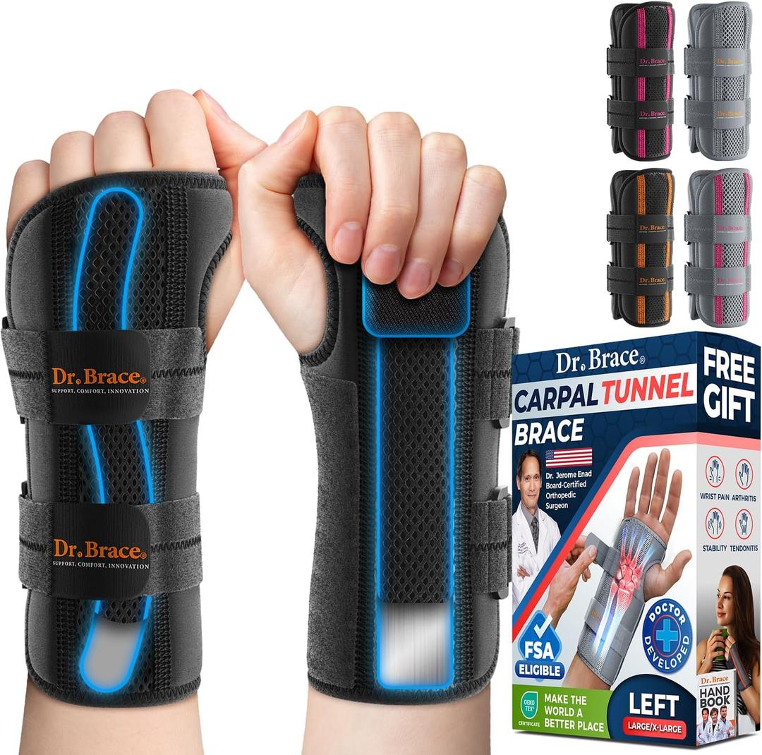 DR. BRACE Adjustable Wrist Brace Night Support for Carpal Tunnel, FSA & HSA Eligible, Doctor Developed, Upgraded with Double Splint & Therapeutic Cushion, Hand Brace For Pain Relief, Injuries, Sprains (Large/X-Large (Left Hand), Black)
