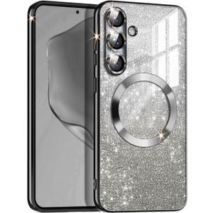 Casetego for Galaxy S25 5G Case,Compatible with MagSafe,Clear Magnetic Glitter Gradient Sparkle Luxury Plated Soft TPU Bumper Full Camera Lens Protector for Samsung Galaxy S25 5G,Black