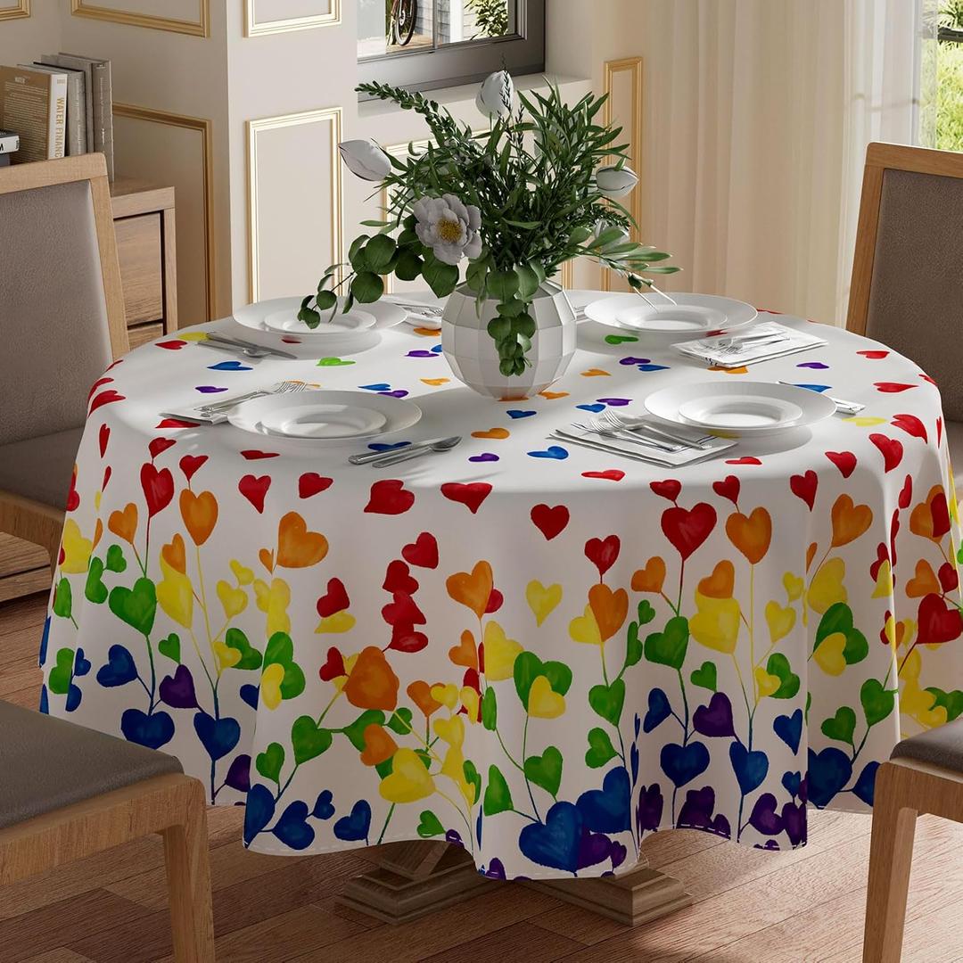 XCHI Rainbow Love Heart LGBTQ Tablecloth Round Pride Day Inclusion Lesbian Gay Bisexual Transgender Queer Homosexual Equality for Indoor Outdoor Dining Home Party Decorations 60x60 Inch