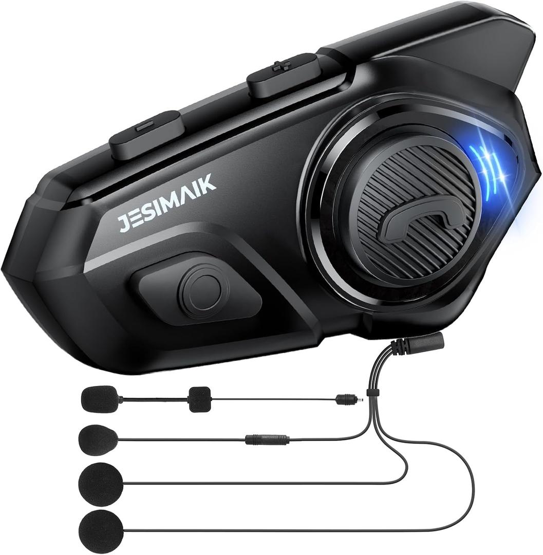 JESIMAIK Motorcycle Helmet Bluetooth Headset, 10 Way 2KM Helmet Communication System, Multitasking Audio Motorcycle Intercom, 2 Mics&40mm Speaker (1 Pack)