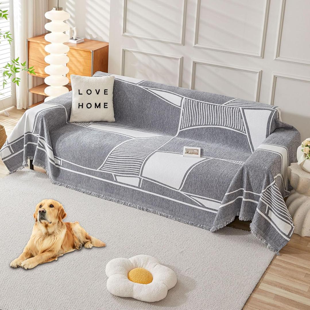 HAOMAIJIA Non Slip Couch Cover Sofa Covers for 3 Cushion Couch Washable sectional Couch Covers for Dogs pet Furniture Protector Couch Cover Blanket for Living Room (Grey-Cream, 71"x134")