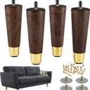 Mid-Century Modern Couch Legs - Set of 4, 6 Inch Brown Round Tapered with Brass Base for Cabinets, Coffee Table, Ottoman, Sofa, Loveseat, Armchair