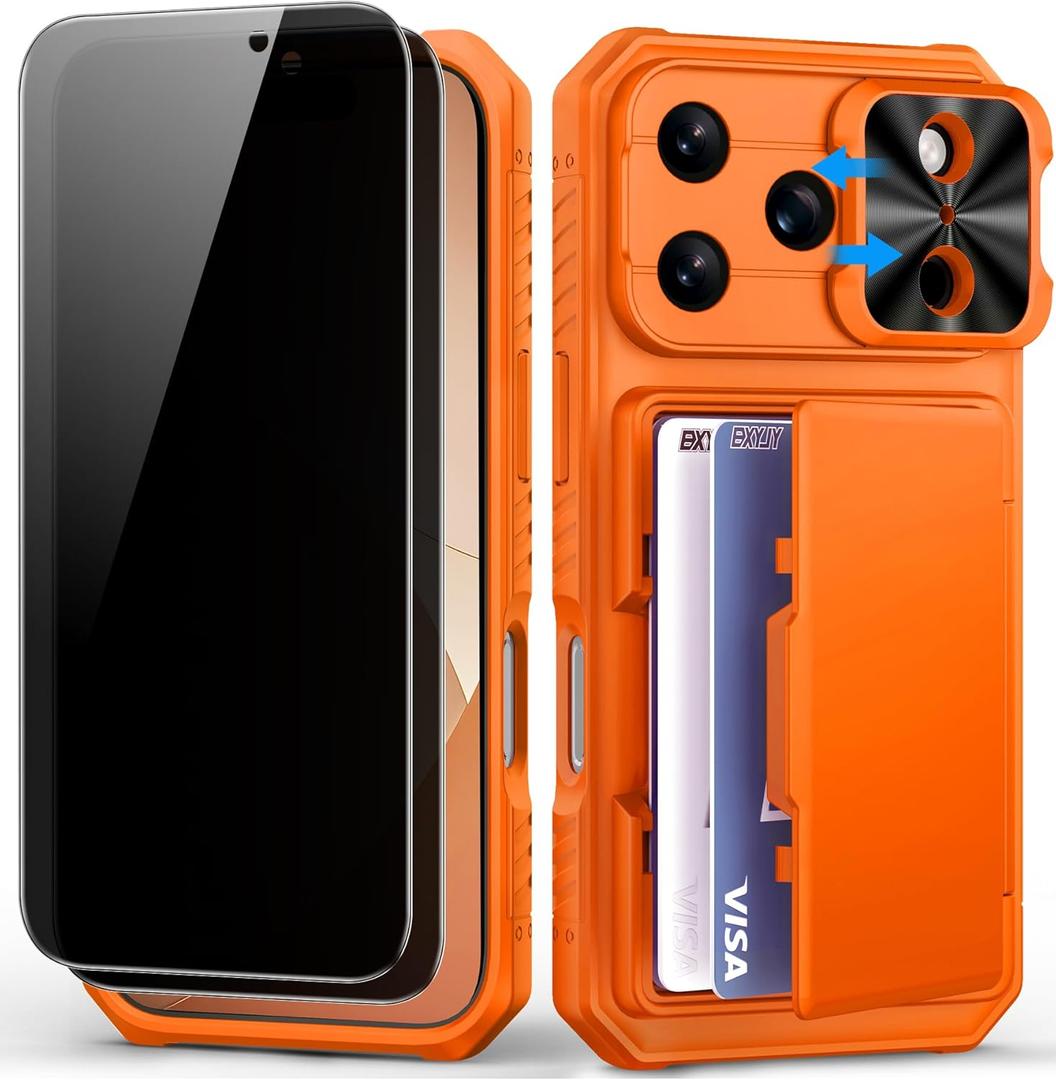 for iPhone 17 Pro Case Wallet2 Privacy Screen Protectors, Card Holder (4-5 Cards), Slide Camera Cover, Military Grade Drop Prortection, Heavy Duty Men Women Phone Case for iPhone 17 Pro, Orange