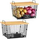 2 Set XXL Stackable Wire Basket with Bamboo Tops & Tag- Pantry Organizer and Storage Bins, Kitchen Counter Cabinet Shelf Countertop Under Sink Organizing, Food Snack Produce Onion Potato Bread Storage