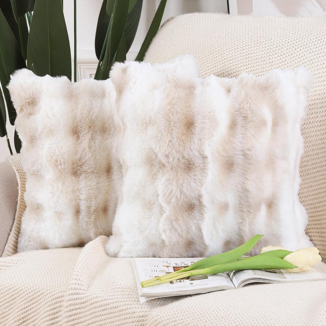 MADIZZ Pack of 2 Thick Plush Faux Wool Throw Pillow Covers Soft Boho Throw Pillows Luxurious Cushion Covers for Couch Sofa Bedroom Living Room Home Decor 18x18 Inch White Beige