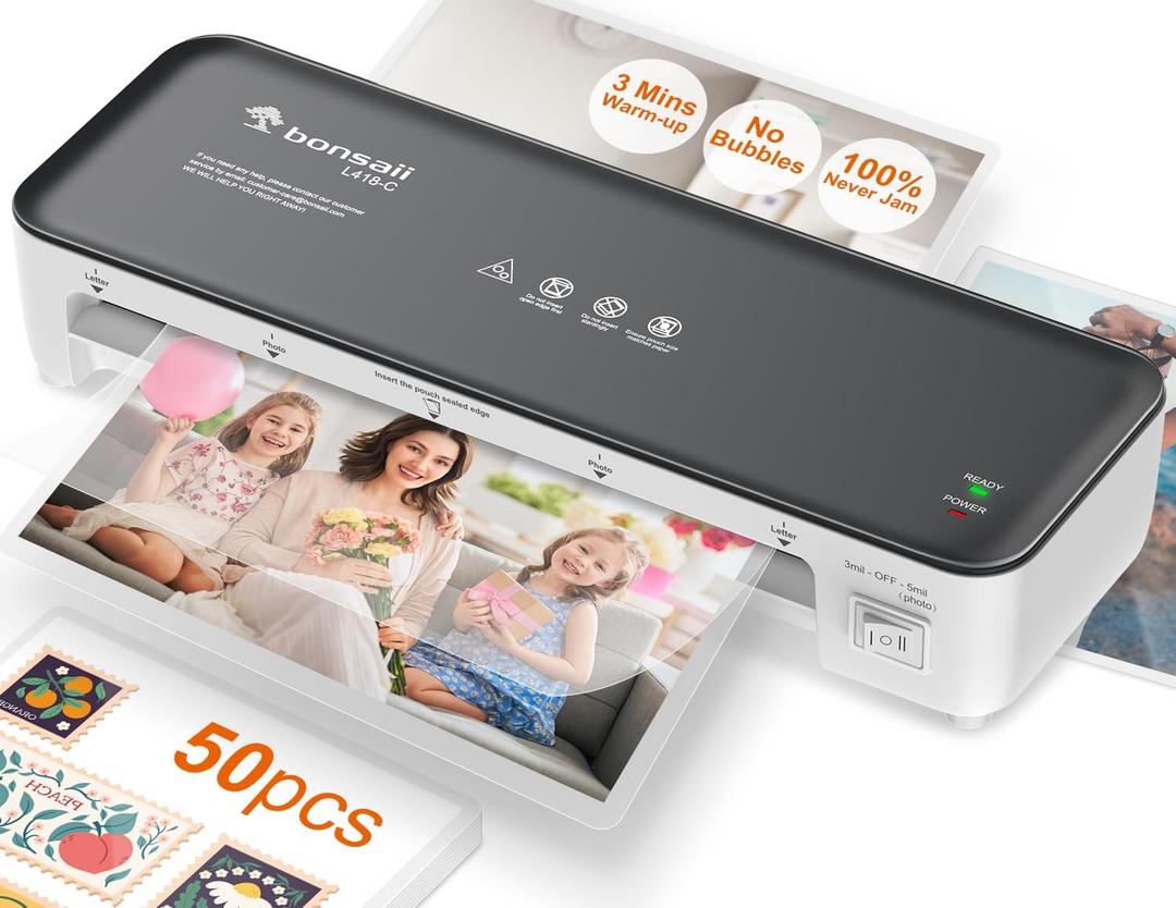 Bonsaii Laminator Machine, 9 Inch Laminators Machine with 50 Laminating Sheets, Laminator with Never Jam Technology for Doc/Posters/Photo, Simple Convenient for Home, Office and School - L418-C Grey