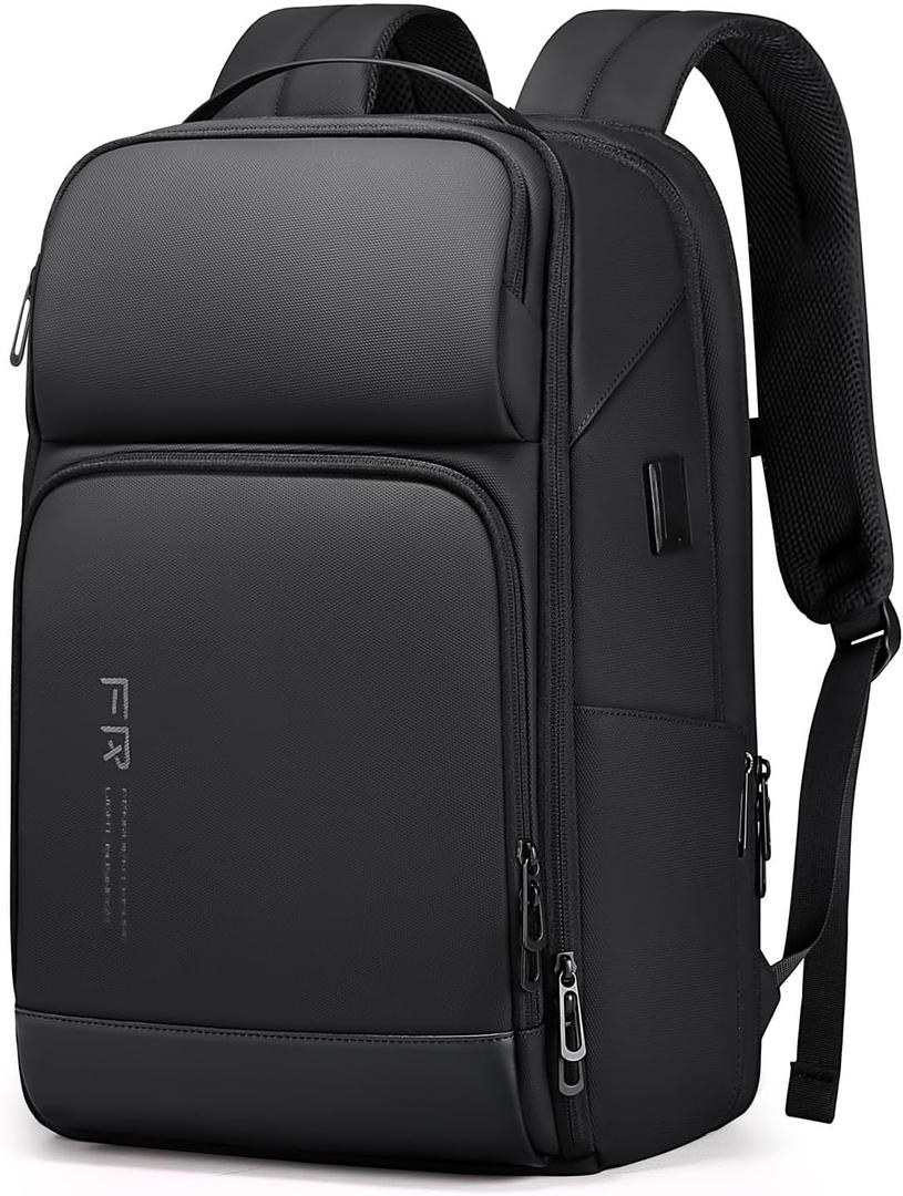 FENRUIEN 17 Inch Travel Backpack for Men, Expandable Water Resistant Computer Backpack with USB Port, Black Laptop Bag for Business/College/Work, Medium