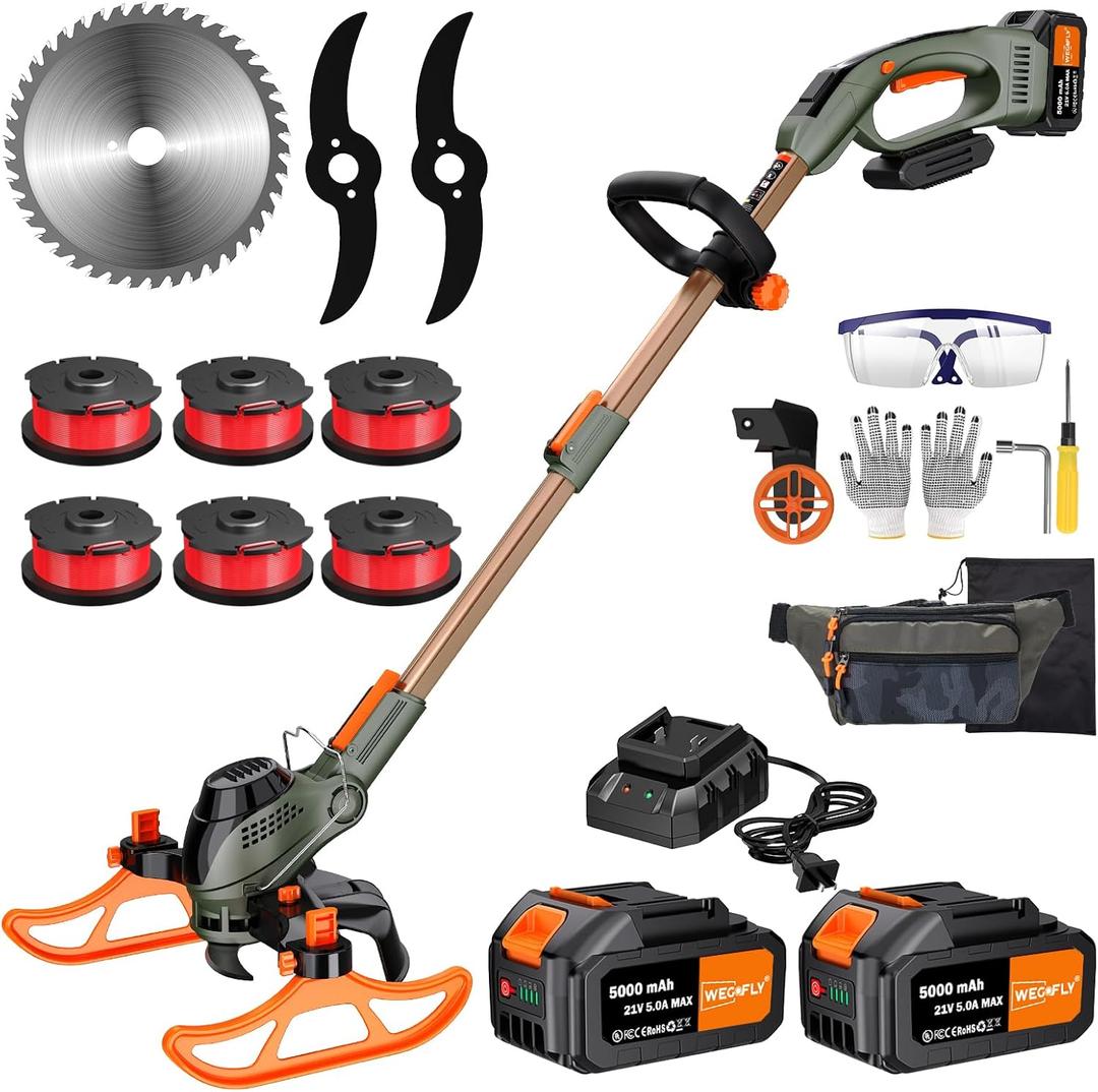 13-Inch String Trimmer Cordless,(2 x 21V 5.0Ah Batteries & Charger), Trimmer/Edger/Lawn Mower/Brush Cutter 4-in-1, Electric Weed Wacker with Auto Rope Spool Feed, 3 Cutting Methods21T