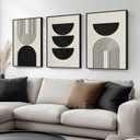 Framed Boho Wall Art for Living Room, Large 3 Piece Neutral Geometric Black and Beige Abstract Pictures Wall Art Decor, Farmhouse Vintage Artwork Home Decor for Hallway Office Guest Room 24x36 Inch