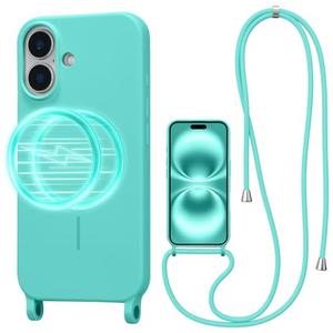 UCASONG Magnetic Crossbody Case for iPhone 16 Plus 6.7", Liquid Silicone Case with Adjustable Shoulder Neck Lanyard Strap,[Compatible with MagSafe] Shockproof Protective Phone Cover-Mint