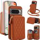 Asuwish Phone Case for Google Pixel 9/9 Pro/10/10 Pro 5G Wallet Cell Cover with Tempered Glass Screen Protector Crossbody Strap RFID Blocking Card Holder Pixel9 9Pro/Pixel10 10Pro Nine Ten Women Brown