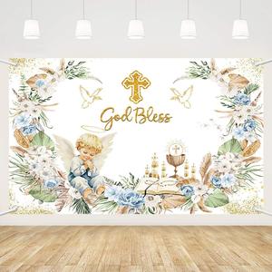 MEHOFOND Boys God Bless Baptism Backdrop First Holy Communion Party Decorations Newborn Baby Party Supplies Banner Boho Floral Baby Shower Photography Background Decor Supplies 6x3.6ft