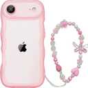 for iPhone 17 Air Case Wavy Clear Glitter Sparkle Butterfly Silicone Girly Cute Women Wave with Beaded Phone Strap Charms Turquoise Wristlet Heart Shockproof Protective Phone Cases Pink