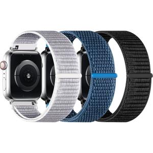 3 Pack Sport Loop Band Compatible with Apple Watch Bands 38mm 40mm 41mm 42mm 44mm 45mm 46mm 49mm for Women Men, Adjustable Breathable Nylon Straps for iWatch Series 10/9/8/7/6/5/4/3/SE/Ultra (Black+Blue+SeaShell)