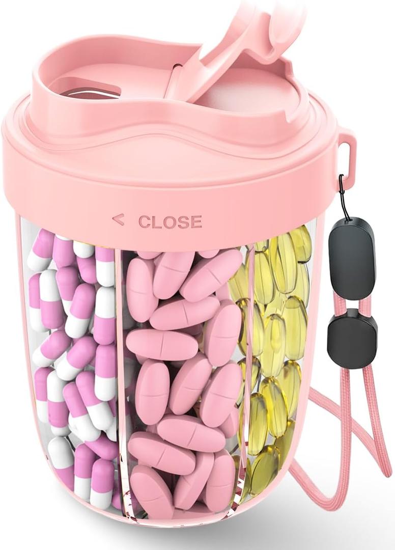 Large Pill Organizer,Supplement Organizer for 7 Different Vitamins,Pill Dispenser with Anti-Mixing Design,Easy to Retrieve Meds,Includes 20 Pcs Labels,Travel Pill Organizer(Pink)