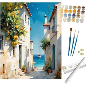 Travel Paint by Numbers Kit for Adults - DIY Coastal Village with Lemons and Sailboat Painting on Rolled Canvas 16x20In, Acrylic Paint Set, Suitable for Beginners, Art for Home Decoration or Gifts
