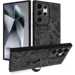 Case with Strap Stand for Samsung Galaxy S24 Ultra, Black Rose | Wireless Charging Compatible, Finger Strap Stand, Kickstand, Shockproof Protection, Soft TPU and Hard PC, for Women