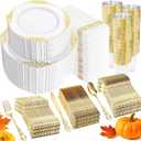 YOUBET 700PCS Gold Plastic Dinnerware Set - White and Gold Disposable Plates for 100 Guest - 200 Disposable Plates, 300 Heavy Duty Plastic Silverware, 100 Cups,100 Napkins for Wedding Thanksgiving