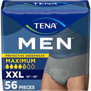 Tena Protective Adult Incontinence Underwear for Men, Maximum, XXLarge, Gray, Disposable, 56 Count (Waist Size 55in-66in)