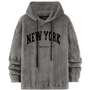 Verdusa Men's Fuzzy Hoodie Sweatshirts Embroidered Letters Furry Fleece Long Sleeve Pullover Tops Winter Clothes (Gray, L)