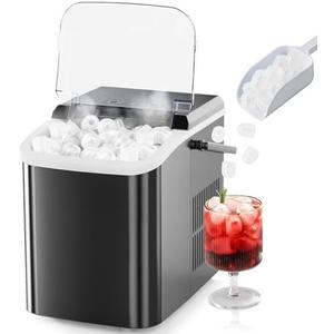 Sweetcrispy Countertop Ice Maker with Scoop, Basket and Handle, 9 Ice Cubes Machine Ready in 6 Mins, 26.5lbs in 24Hrs, 2 Sizes for Home Kitchen Office Bar Party(Black)