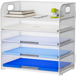 Paper Organizer Letter Tray, 5 Tier Mesh File Organizer with Handle, Paper Sorter Desk Organizer for Home Office Supplies - White, 2 Pack 