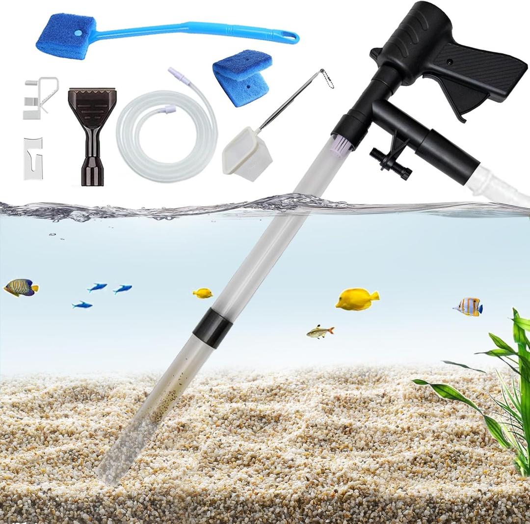 Carefree Fish Aquarium Gravel Cleaner 15~30In with 6Ft Water Hose Fish Tank Water Changer Sand Vacuum with Skimmer Net and Long Handle Sponge Brush Algae Scraper