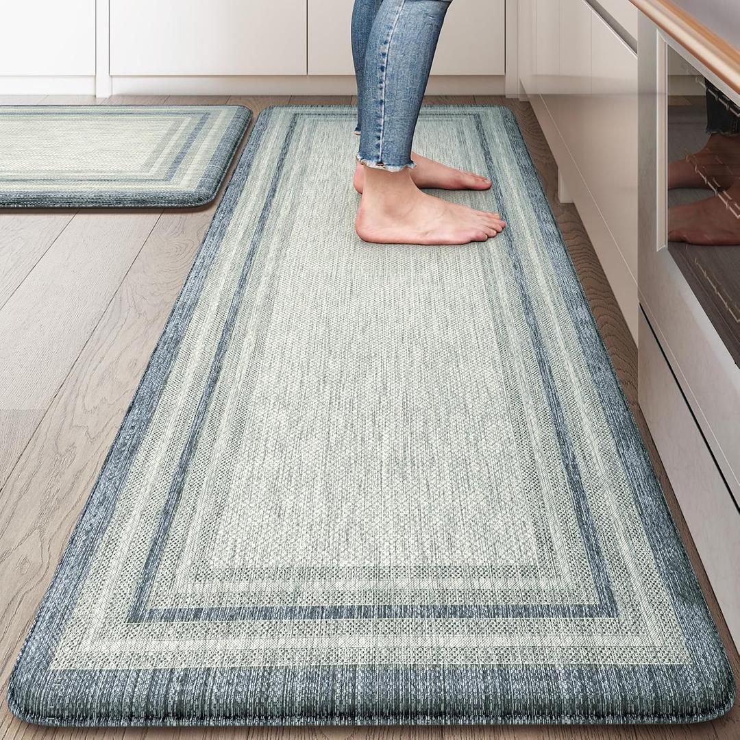 KIMODE Anti Fatigue Kitchen Mats 2PCS, Non-Slip Waterproof Kitchen Rugs, Cushioned Kitchen Mat for Floor, Comfort Standing Mat for Sink, Laundry, Office, Desk Blue and Grey 20"x47"+20"x32"